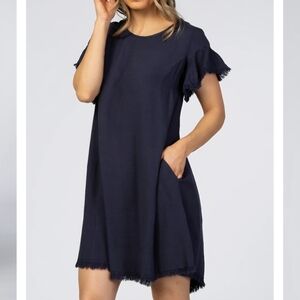 UMGEE Navy Blue Linen Blend Fringed Hem Keyhole Back Boho Shift Dress Women's M